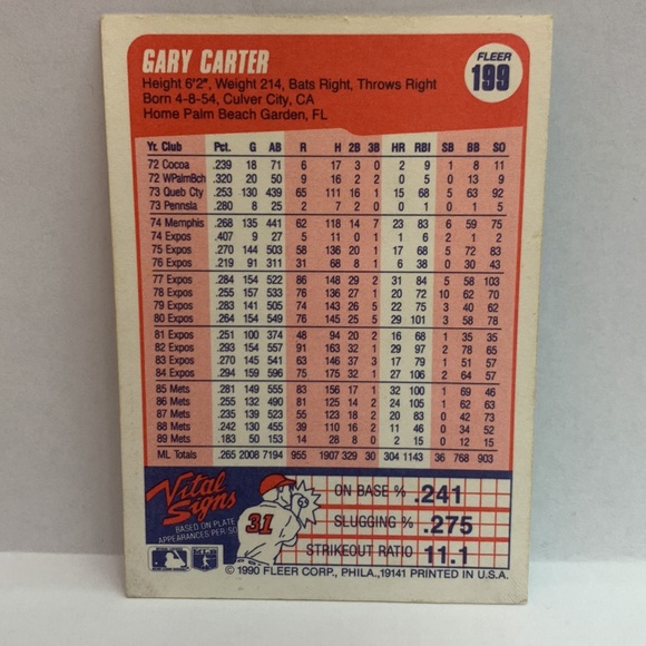 1990 Fleer Gary Carter #199 In Person Autograph (MISC7) - Picture 2 of 3